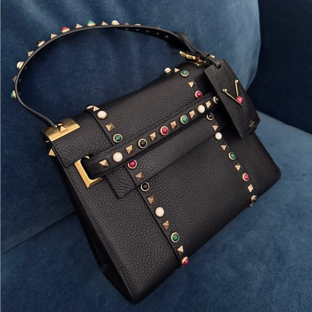 VALENTINO GARAVANI Black PebbleLeather Multi‎ Colored RockstudCrossbody Handbag